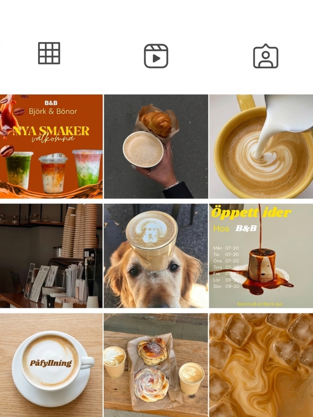 Kollage av bilder som visar kaffe, latte art, bakverk och öppettider för en kaffebar kallad Björk & Bönor.