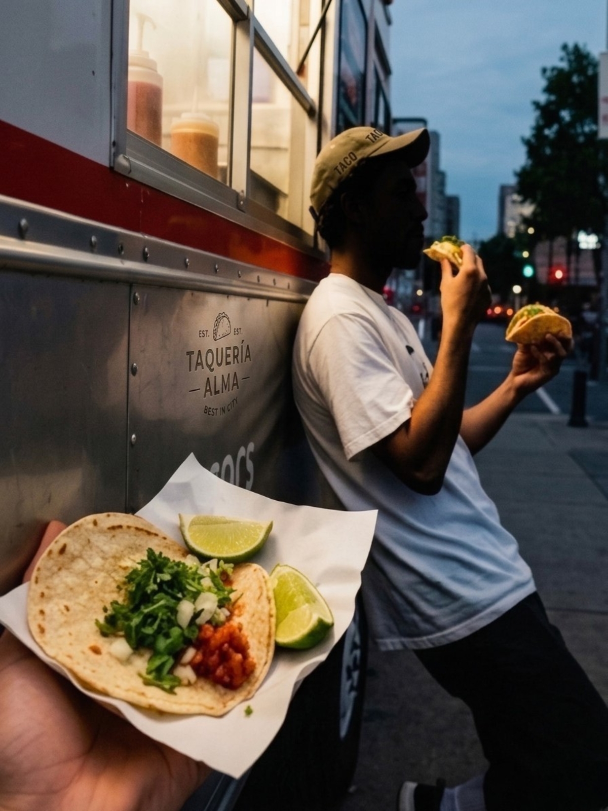 En person som äter färska tacos utanför en Taqueria Alma foodtruck i kvällsljus.